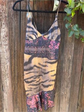 Mixed Animal & Floral Slip Dress in Tan, Black & Pink
